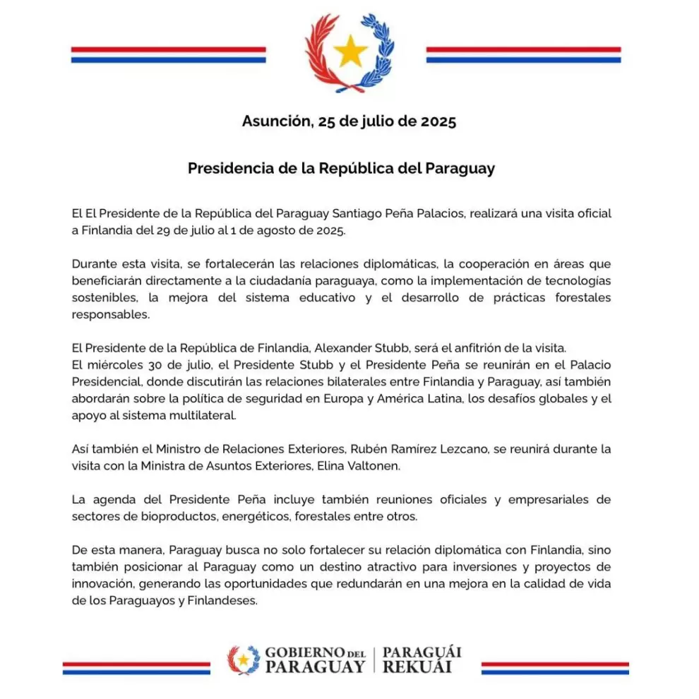 Agenda del presidente de la Rep�blica en Finlandia.