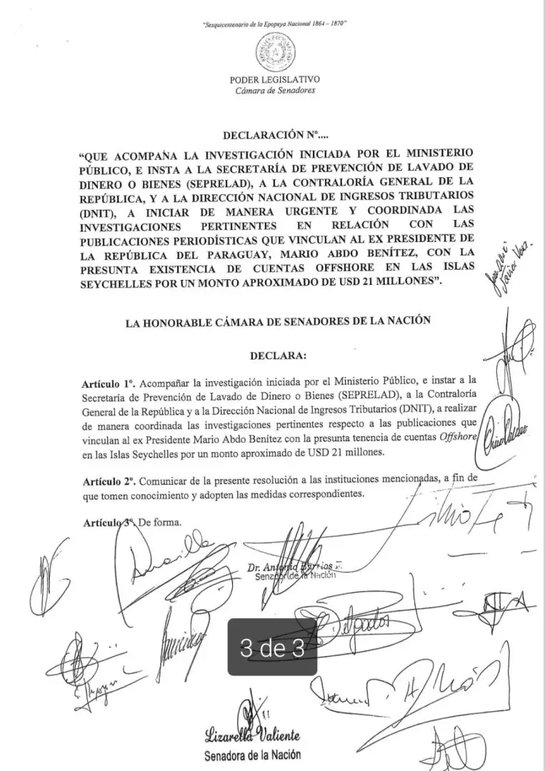 Documento de resoluci�n del Senado que insta a investigar.