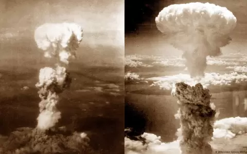 Los hongos at�micos de la bomba nuclear sobre Hiroshima (izqda.) y Nagasaki (dcha.), el 6.08.1945.