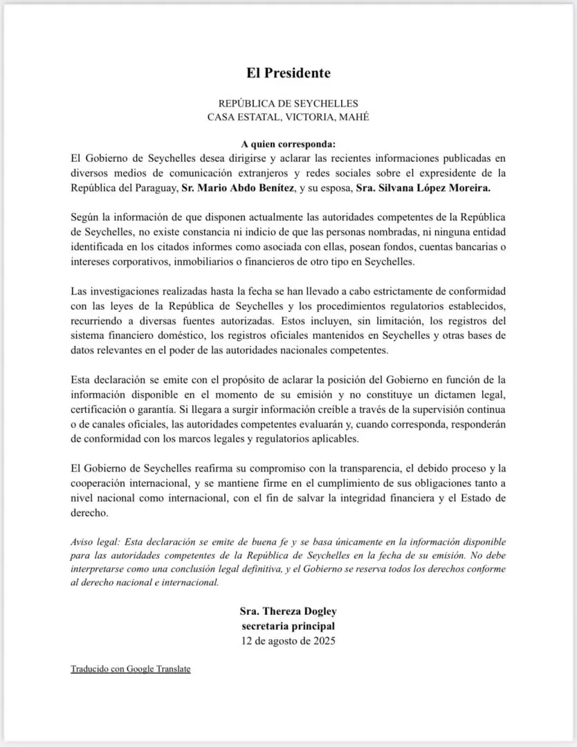 Documento de Abdo Ben�tez sobre cuenta en para�so fiscal.