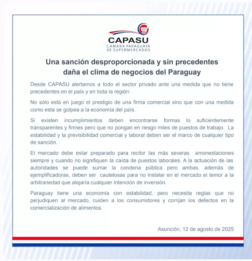 Comunicado de Capasu sobre la suspensión impuesta a la cadena Biggie.