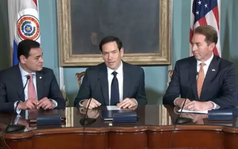 El canciller paraguayo Rub�n Ram�rez Lezcano, el secretario de Estado Marco Rubio y el subsecretario de Seguridad, Troy Edgar