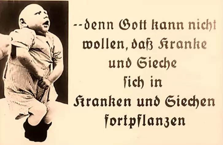 Propaganda nazi del Aktion T4, programa para eliminar incurables, tarados, débiles, ancianos y niños deformes. Foto: Infobae.