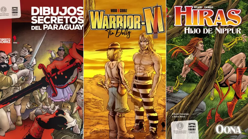 Tapa de "Dibujos secretos del Paraguay", "Warrior-M: Tía Dolly", y "Hiras, Hijo de Nippur: Oona".
