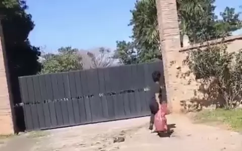 Joven corriendo a la entrada de la mansi�n tirando basura.