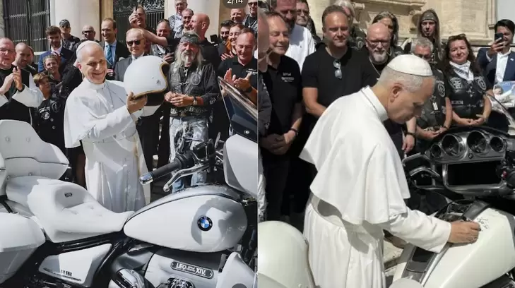 Papa Le�n XIV firm� moto que ser� subastada para ayudar a la caridad. Fotocomposici�n: Infobae Per�/Foto: X/@aciprensa