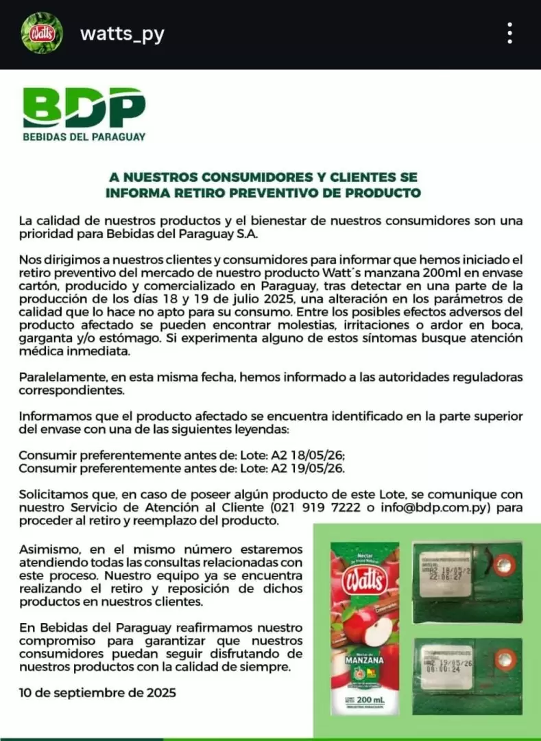 Comunicado de Bebidas del Paraguay S.A.