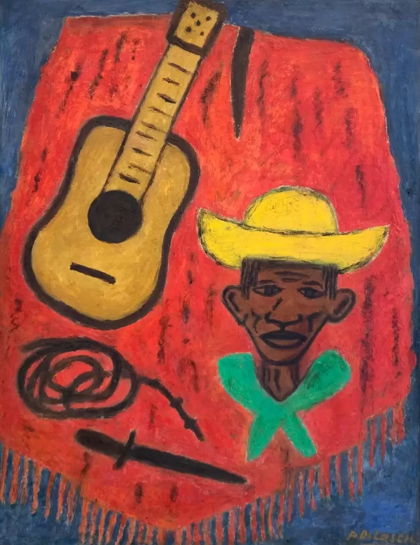 Pedro Di Lascio, Poncho pytã, década de 1970. Óleo sobre tela. 90x 70 cm. Cortesía