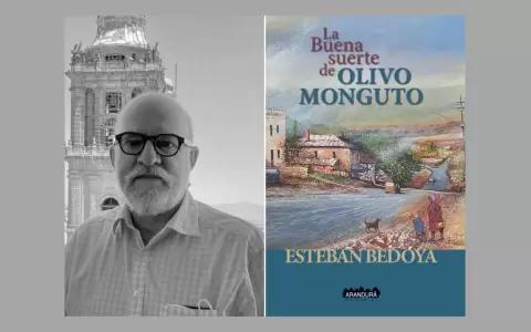 Esteban Bedoya y la tapa de "La buena suerte de Olivo Manguto". Editorial Arandur�.