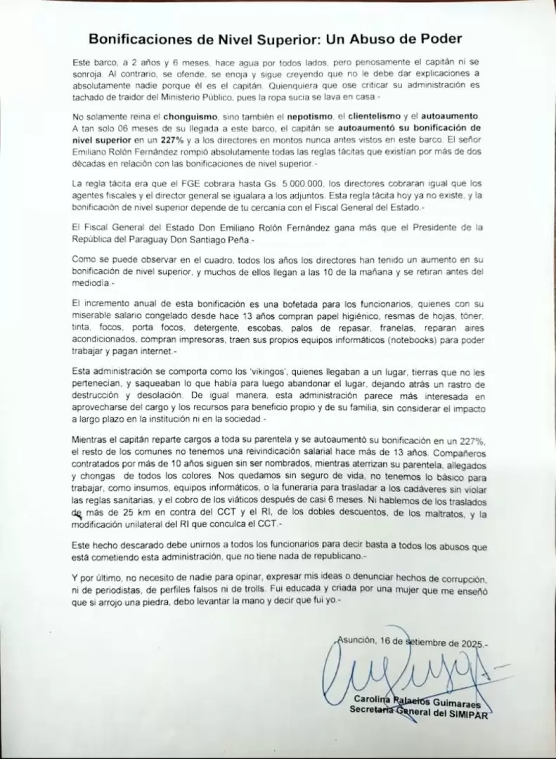 Comunicado del sindicato.