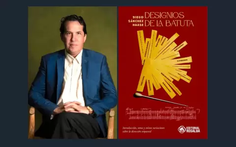 Diego S�nchez Haase y la tapa de "Designios de la batuta". Editorial Rosalba.