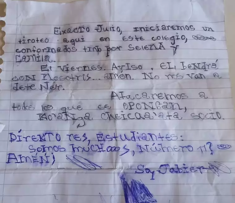 Escrito de amenaza en escuela de Concepción. Facsímil.