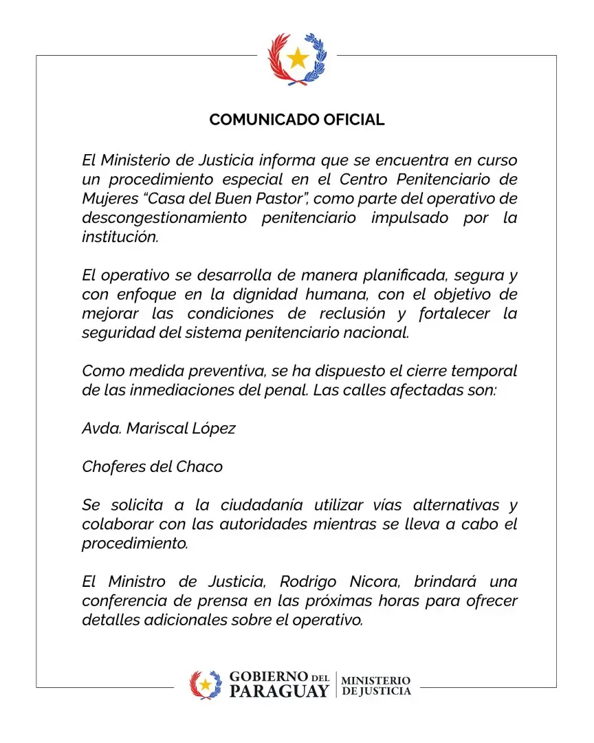 Comunicado del Ministerio de Justicia.