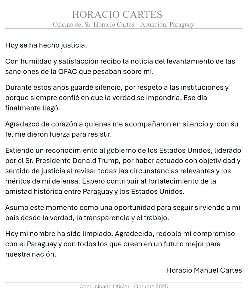 Comunicado de Horacio Cartes compartido por el mandatario en su cuenta de X.