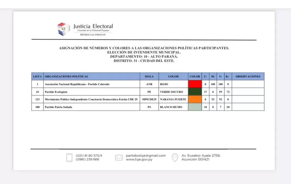 N�meros y colores para candidatos a intendente de CDE.