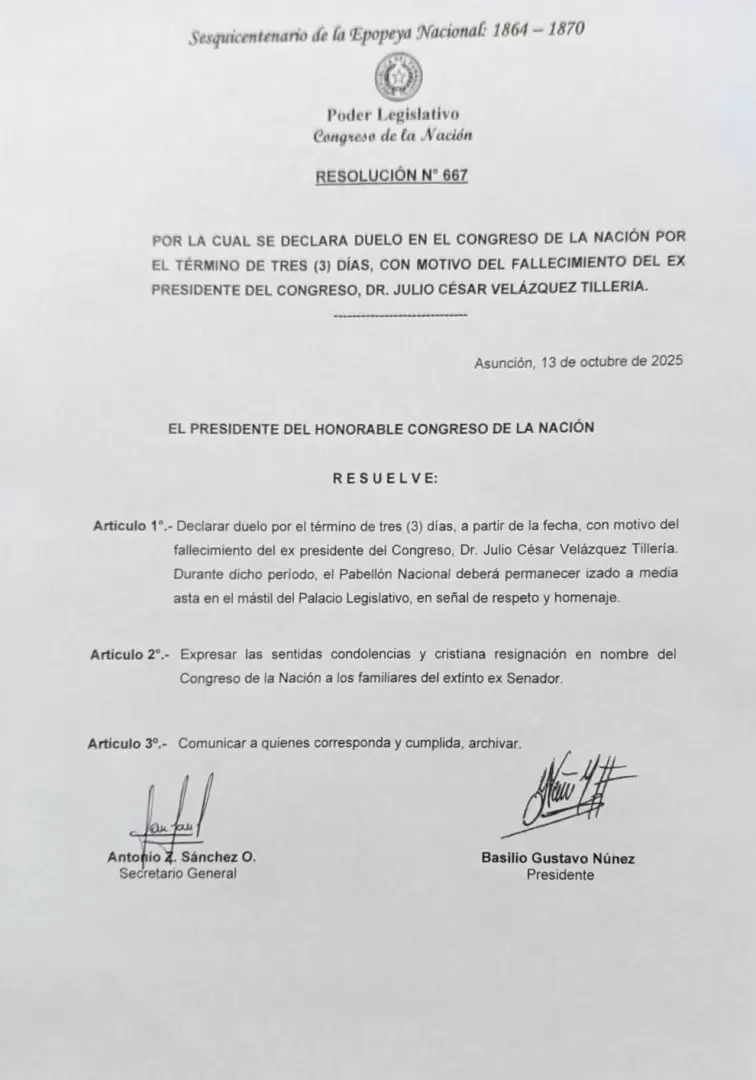 Resoluci�n de duelo en el Poder Legislativo.