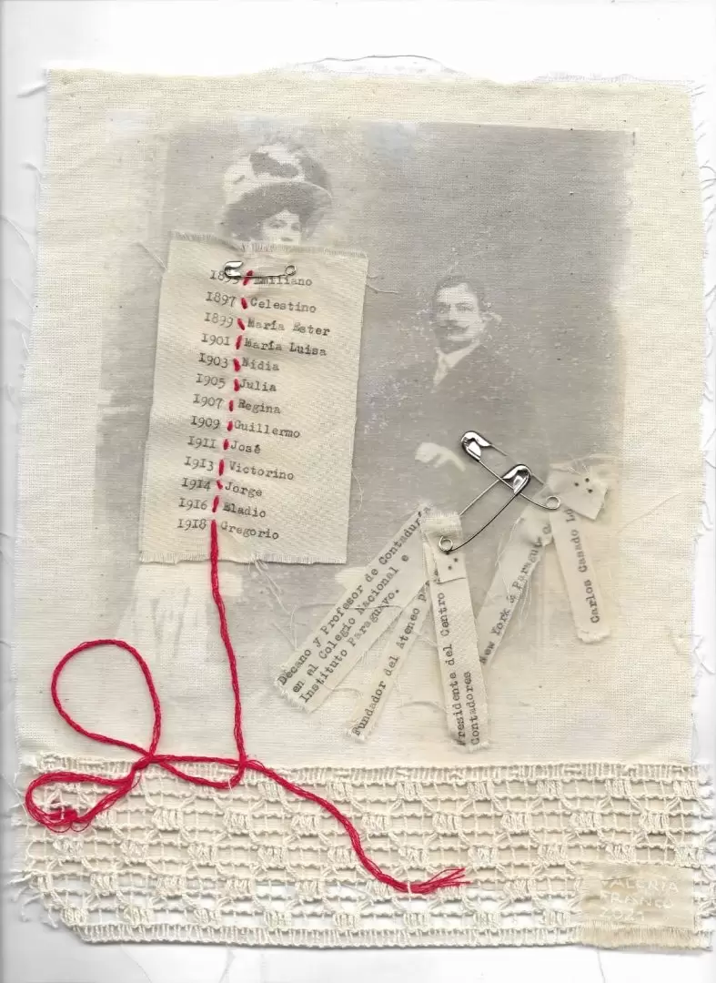 Obra de Valeria Franco: Curriculum Vitae, 2021, t�cnica mixta sobre textil, 32 x 42 cm. Cortes�a