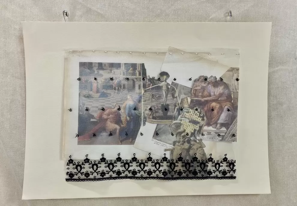 Obra de Valeria Franco: Profetisas, 2025, t�cnica mixta, collage sobre papel con bordados y textiles, 30 � 42 cm. Cortes�a