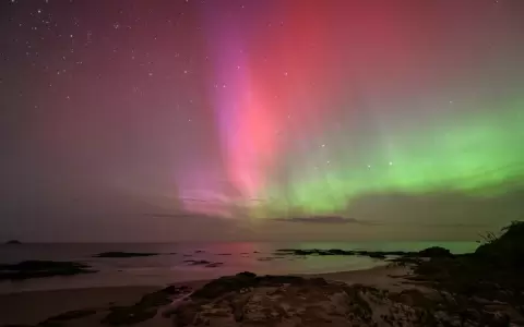 La aurora austral, tambi�n conocida como las luces del sur, brilla en el horizonte sobre las aguas de Brighton Beach en Dunedin.
