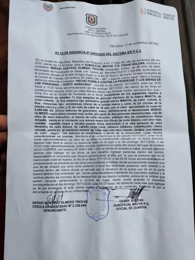 Acta de la denuncia realizada por el obrero.