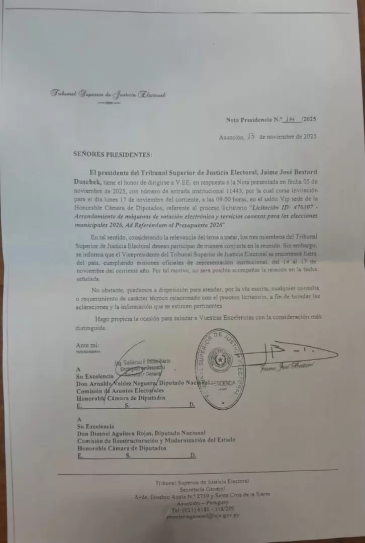 Nota enviada por ministros del Tsje.