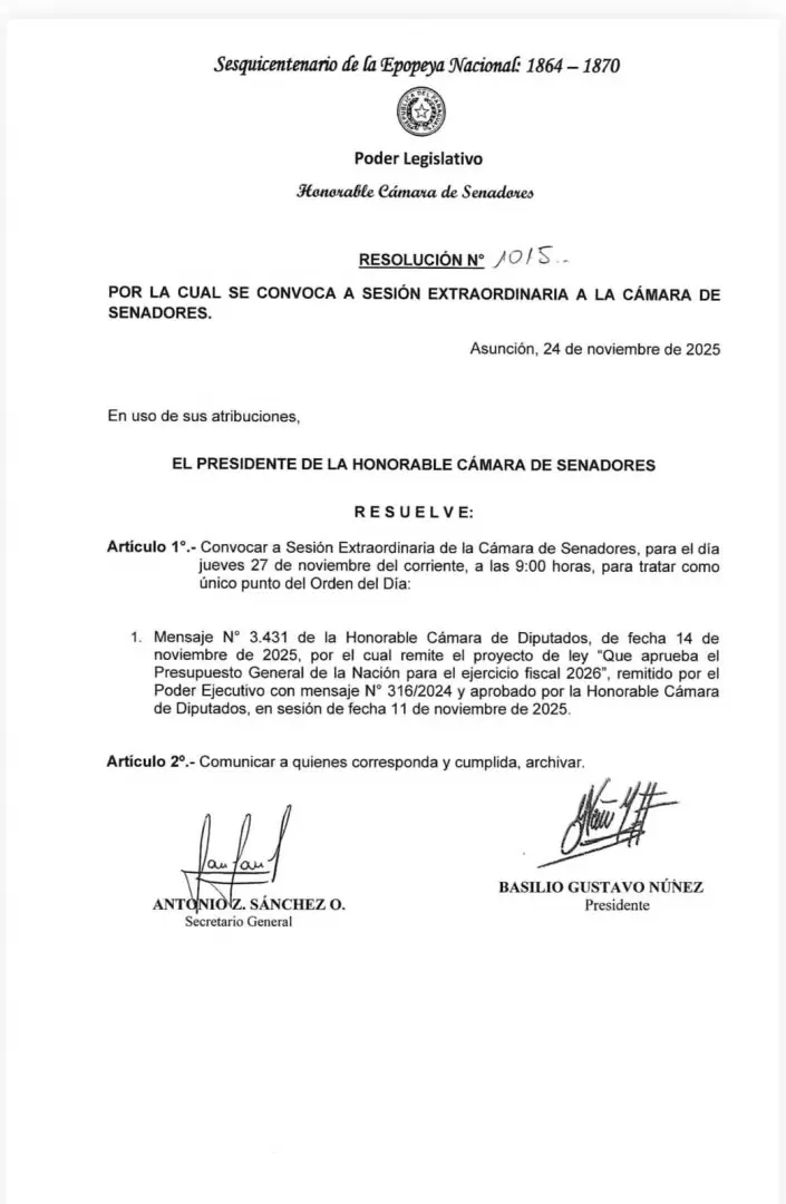 Convocatoria a sesi�n extraordinaria para tratar PGN 2026.