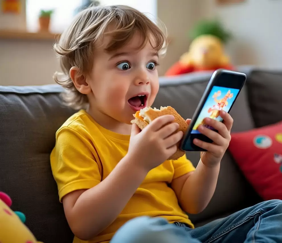 Ni�o comiendo con celular al frente.