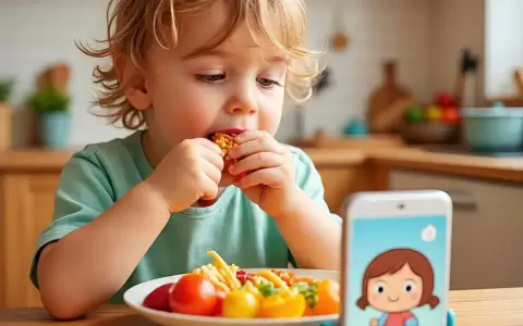 Ni�o comiendo con celular al frente.