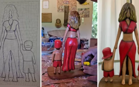 Retrato de Shakira junto a sus hijos tallado por Macarena Ruiz, hija de Koki Ruiz.