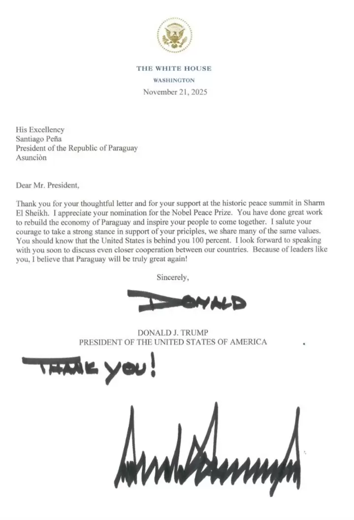 Carta de Donald Trump a Pe�a.
