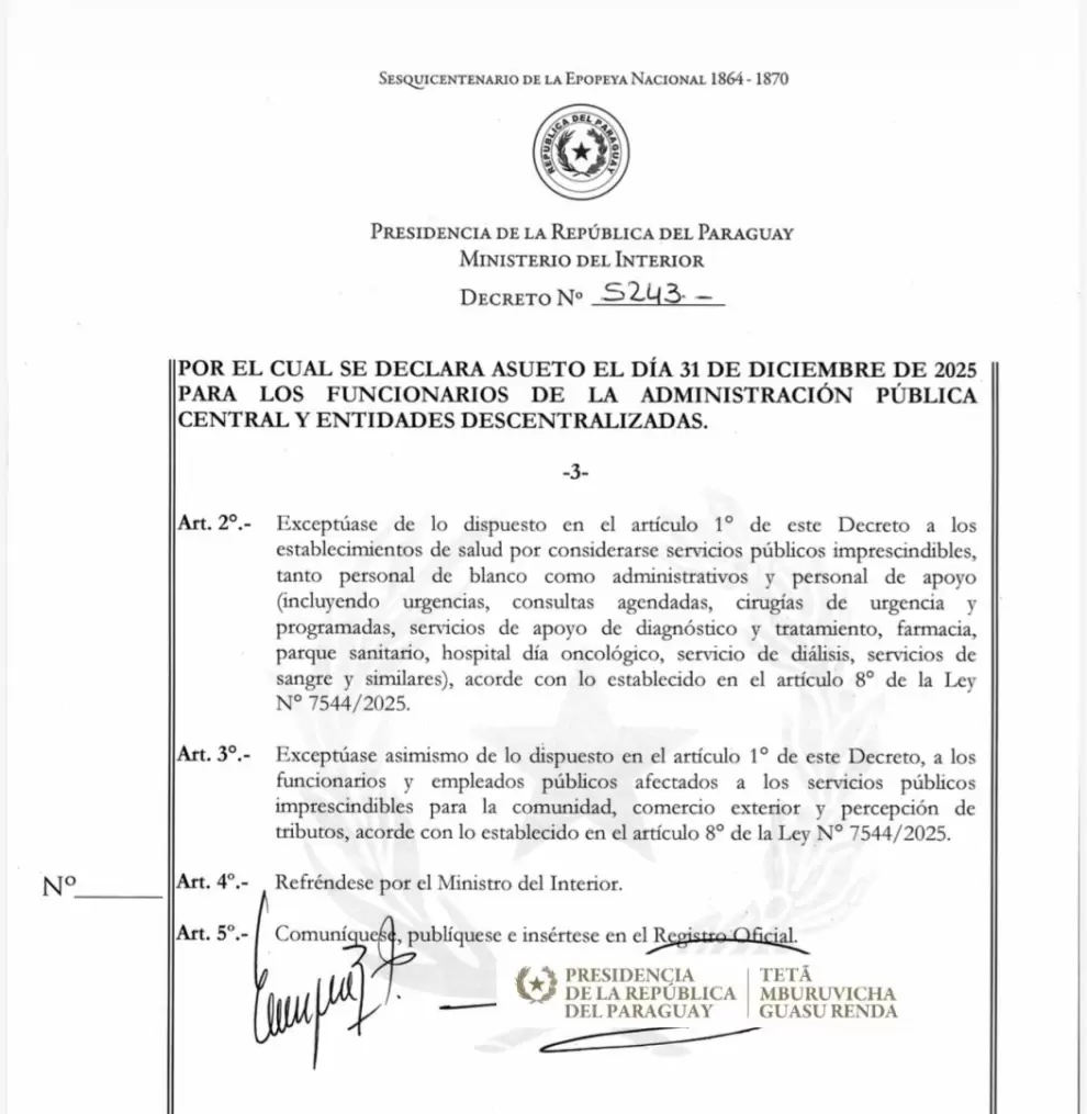 Decreto de asueto fin de a�o.