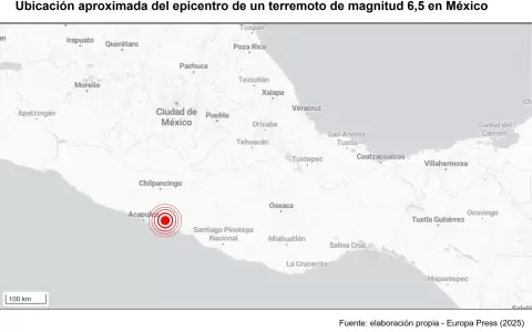 Ubicaci�n aproximada del epicentro de un terremoto de magnitud 6,5 en la escala abierta de Richter en M�xico.