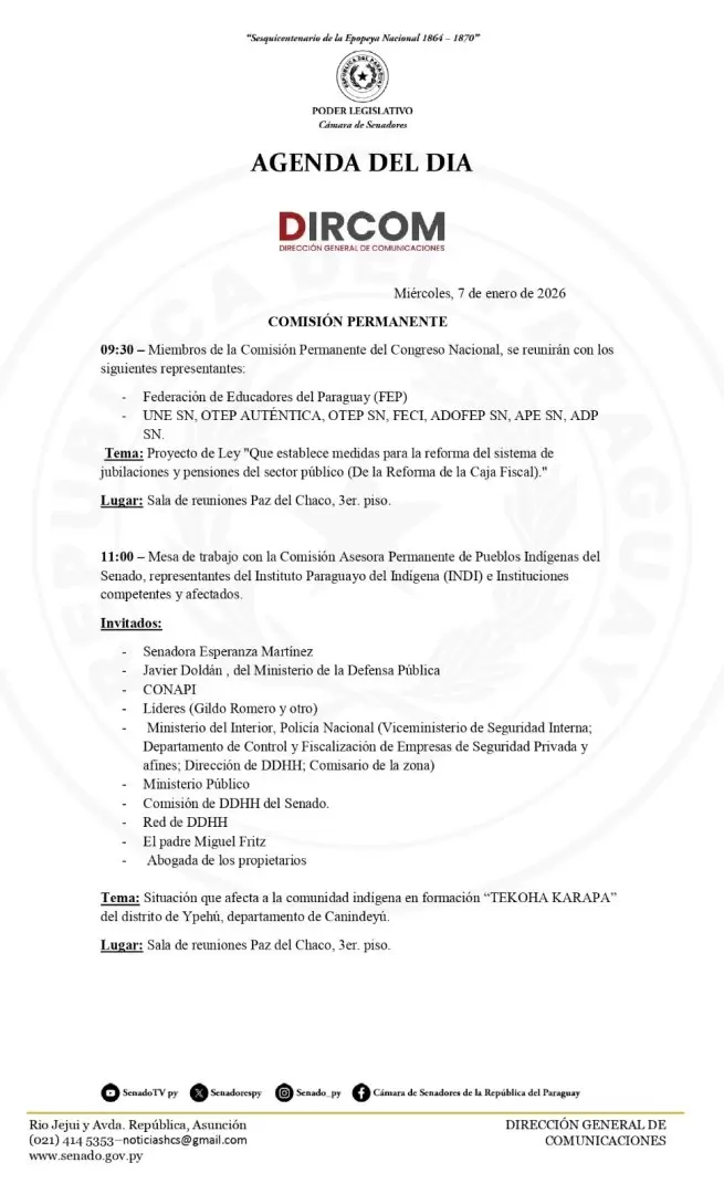 Agenda de la Comisi�n Permanente.