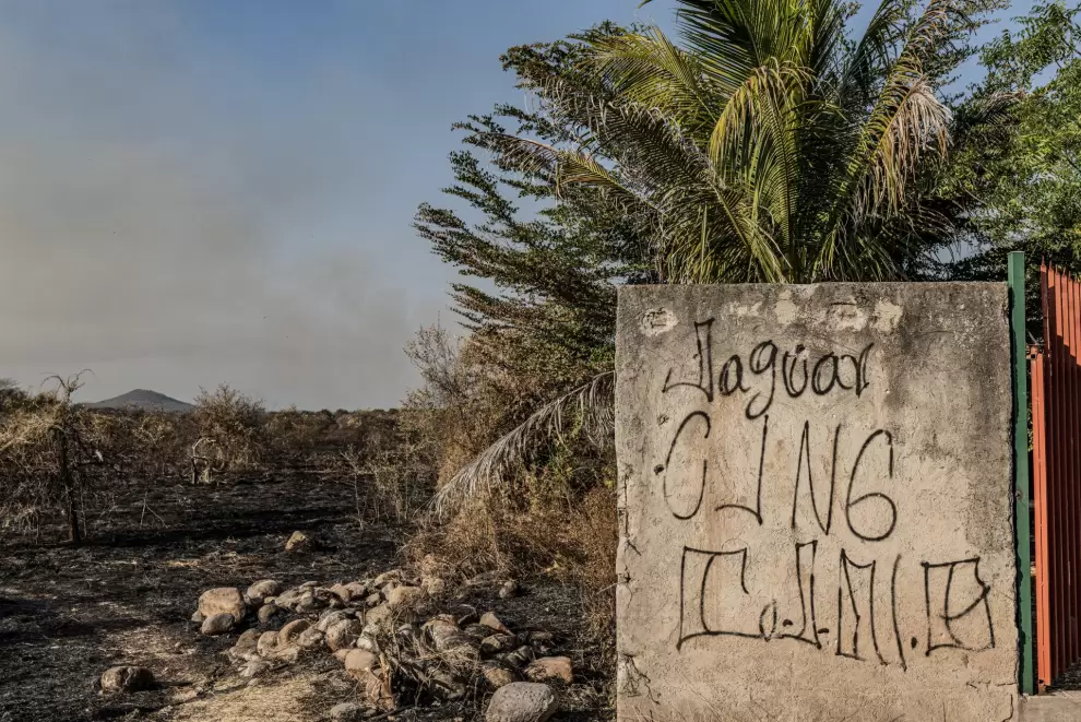 Se ve grafiti pintado por el Cártel Jalisco Nueva Generación en una casa en Aguaje, Michoacán, México. Foto:Daniel Berehulak / The New York Times