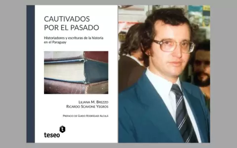 Tapa de "Cautivados por el pasado" y Alfredo M. Seiferheld.