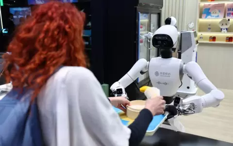 Robot sirviendo comida y bebidas en el stand de China Mobile en el Mobile World Congress (MWC), la feria y escaparate de tecnolog�a m�vil en Barcelona
