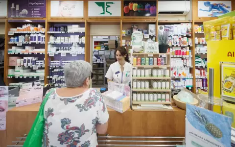 Mujer comprando medicamentos en la farmacia.