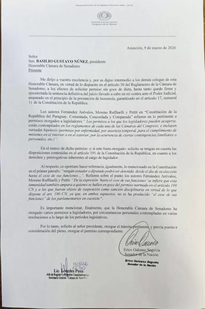 Nota de pedido de Erico Galeano.