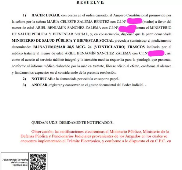 Amparo judicial que resuelve hacer lugar al pedido a favor del pequeño Benjamín. Foto: Facsímil.