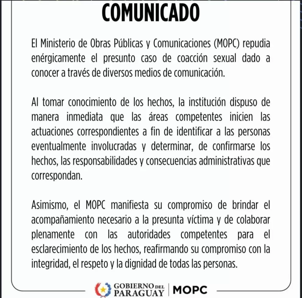 Denuncia de acoso sexual en el MOPC