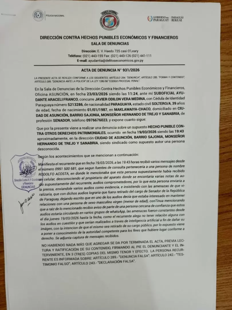 Denuncia ante la Policía Nacional.