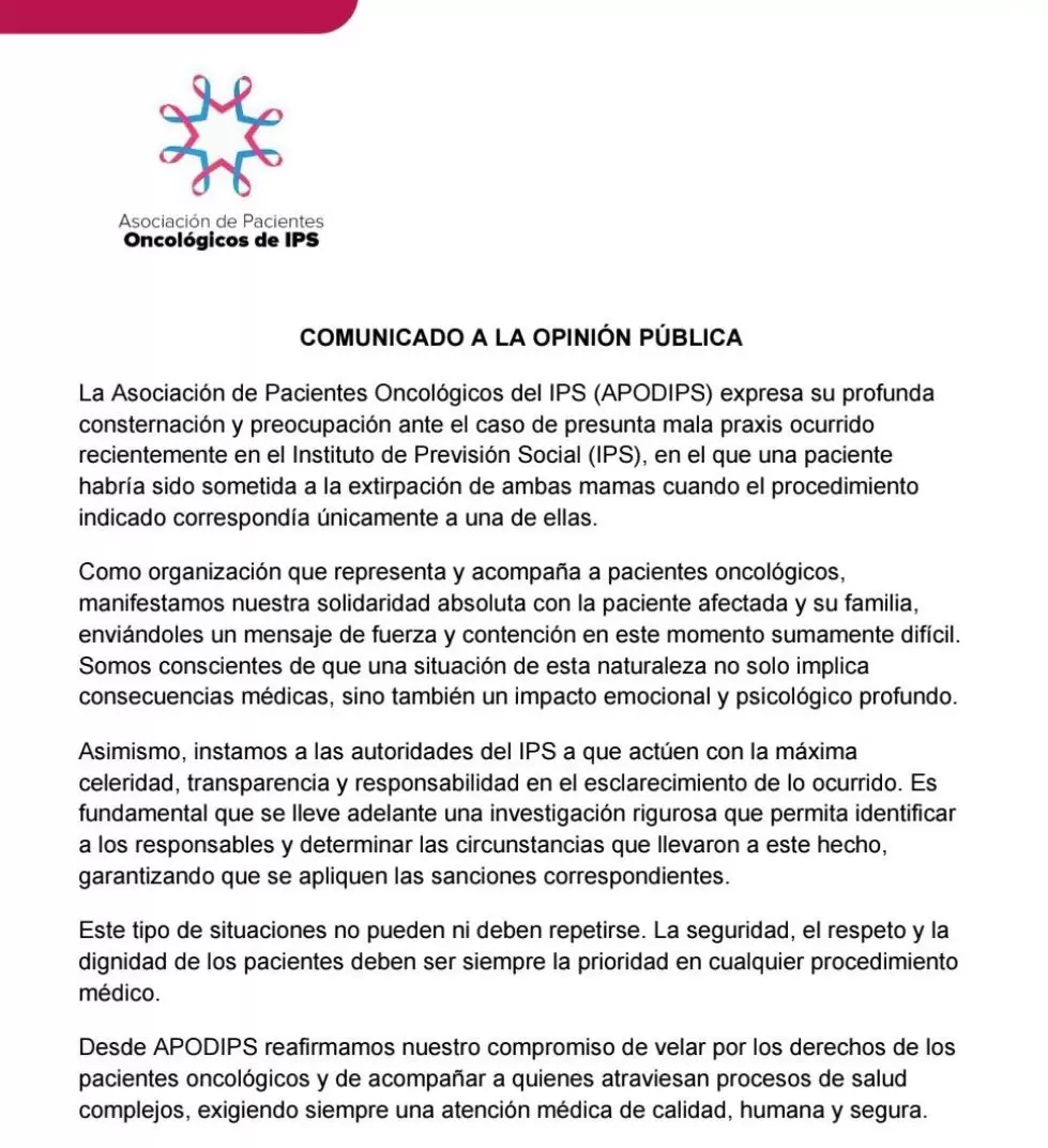 Comunicado de la Asociación de Pacientes Oncológicos. Facsímil.