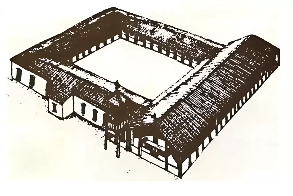 Dibujo del antiguo convento de La Merced, extraído del libro Evolución arquitectónica y urbanística del Paraguay 1537-1911, de Ramón Gutiérrez. Cortes