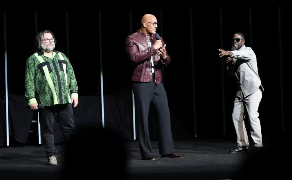 Jack Black, Dwayne Johnson y Kevin Hart presentan "Jumanji: The Final Level" en la apertura de CinemaCon 2026. (Foto: Valerie Macon / AFP)
