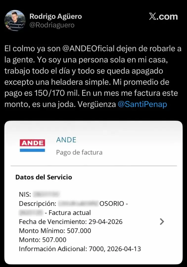 Denuncia de sobrefacturación por parte de la ANDE