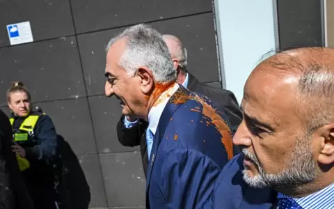 Reza Pahlavi, es alcanzado por sustancia roja durante acto en Berl�n.