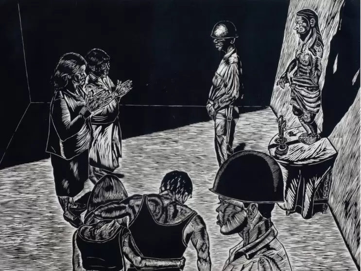 Enrique Collar, Cristo en la comisar�a, 2003. Linograbado. 60 x 80 cm. Colecci�n Popa