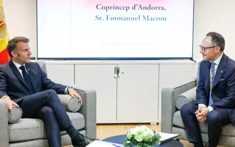 El presidente de Andorra, Xavier Espot, y el presidente franc�s, Emmanuel Macron, en una reuni�n.