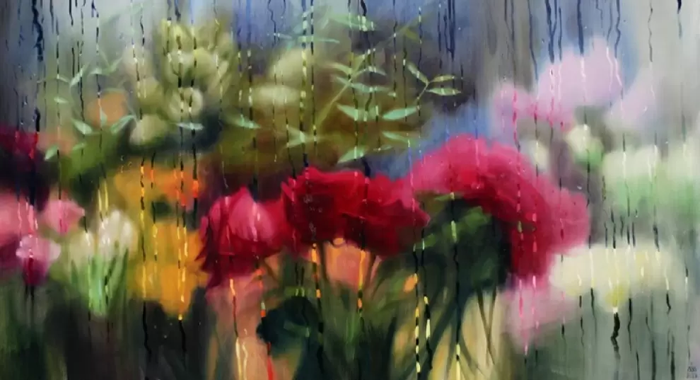 Mar�a Lyakhovitskaya, "Pi�nsame en las flores", 2026. �leo sobre lienzo. 200x110cm. Cortes�a