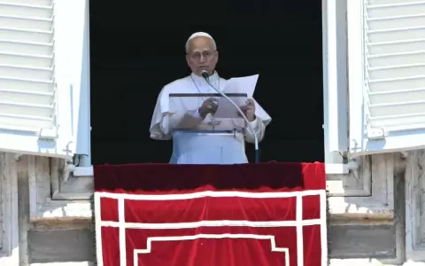 El Papa Le�n XIV se dirige a la multitud desde la ventana del palacio apost�lico con vistas a la plaza de San Pedro.
